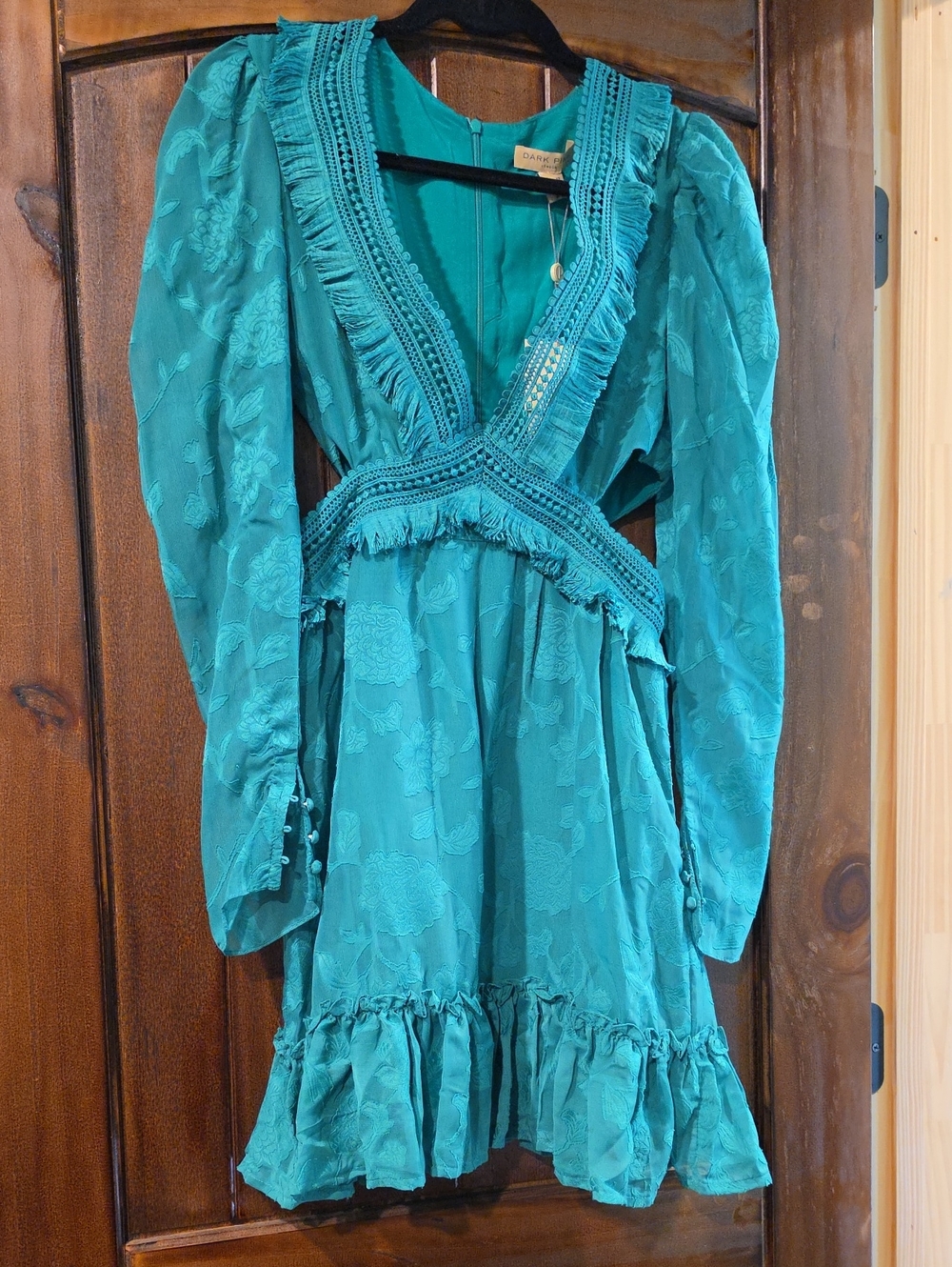 Emerald Green Embroidered V-Neck Cut Out Ruffle Mini Dress